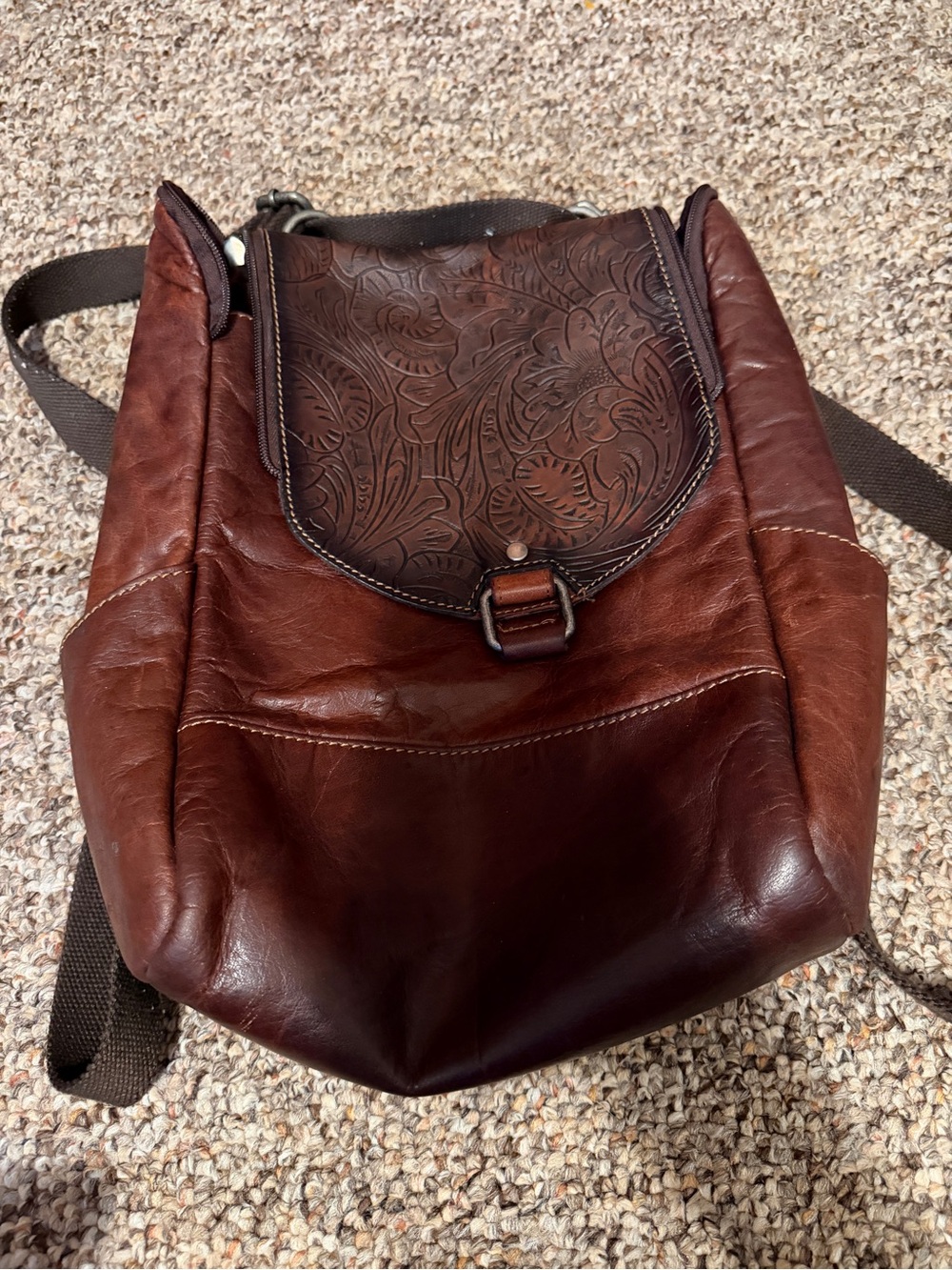 Brown Tooled Leather Backpack Crossbody